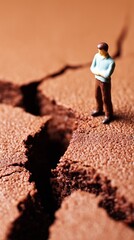 Man miniature figurine stands at a large crack. Economic crisis concept. Business challenge and problem solution. Financial collapse metaphor.