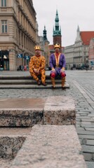 Two men in fancy dress and crown costume sitting on stone steps in an old European city square. Three kings concept for Epiphany.