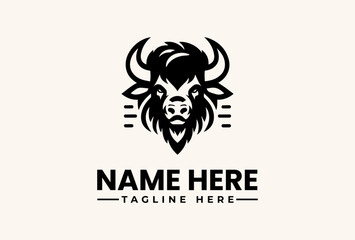 A stylized illustration of a bison's head with horns and a beard, accompanied by a customizable name and tagline on a clean background, featuring a logo, vector, illustration, icon, © vectorvovdesign