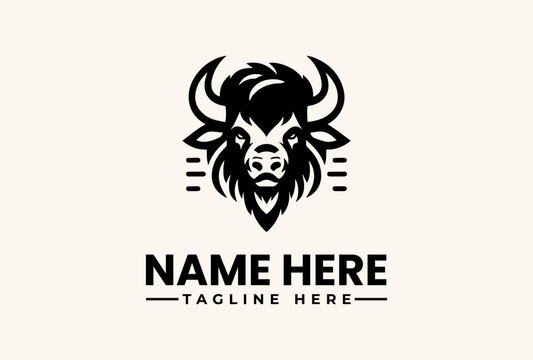 A stylized illustration of a bison's head with horns and a beard, accompanied by a customizable name and tagline on a clean background, featuring a logo, vector, illustration, icon,