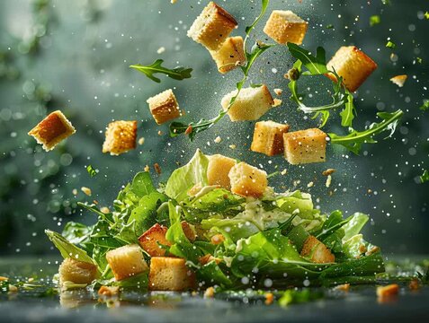 Golden brown croutons tossed onto a fresh salad in slow motion, captured in close-up Depth provided by varying crouton positions Kitchen or food prep area setting suggested Realistic - AI-Generated