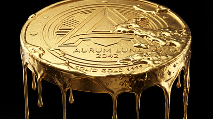 Golden coin melts with gold dripping down, set against a dark background. This concept highlights luxury, finance, and wealth. Suitable for businesses in finance, investment, and luxury goods