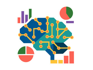 Obraz premium Artificial Intelligence Brain with Data Analytics Charts – Machine Learning Vector Illustration