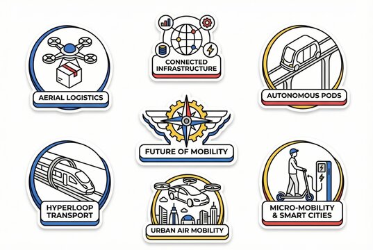 Innovative concepts of transportation showcasing aerial logistics, connected infrastructure, autonomous pods, hyperloop technology, and the future of mobility in a modern urban environment