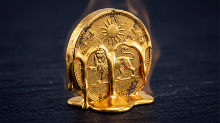 Golden ancient coin rests on black surface with lion and sun designs visible. Highlights craft and historical themes. Concept of antiques, history, collectibles