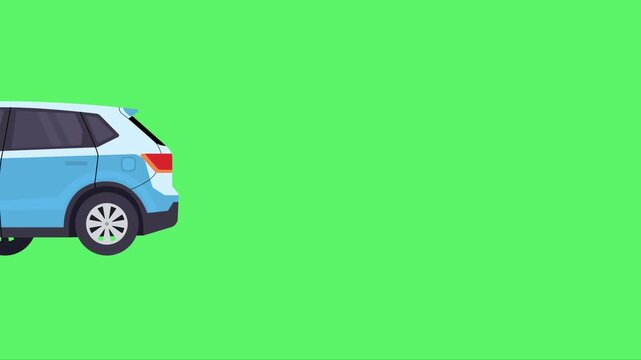 Flat Design Vector Animation of Blue SUV Crossover Vehicle Driving on Green Screen Background, Transportation Motion Graphic Clip