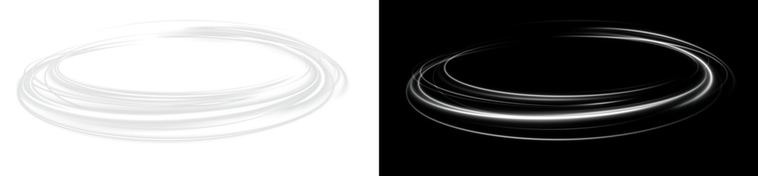 White neon ring glow effect - abstract light speed lines, glowing round frame and futuristic motion ellipse.overlay