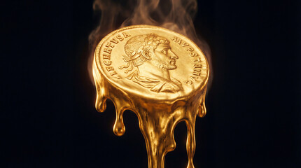 Gold coin melts in flame creating dynamic visual effect. Dark background highlights gold details. Concept of finance, investments, advertising