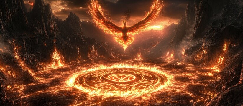 Fiery Phoenix Ascends from Glowing Magic Circle in Volcanic Rune Landscape