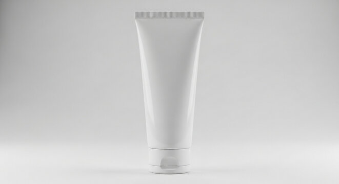 Minimalist white cosmetic tube mockup with matte texture in front-facing view. Realistic 3D render for facial wash, sunscreen, or cream packaging design with blank label and studio lighting.