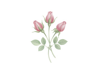Fototapeta premium Three pink rose buds with green leaves. Delicate watercolor botanical illustration for greeting card, wedding invitation, decor.
