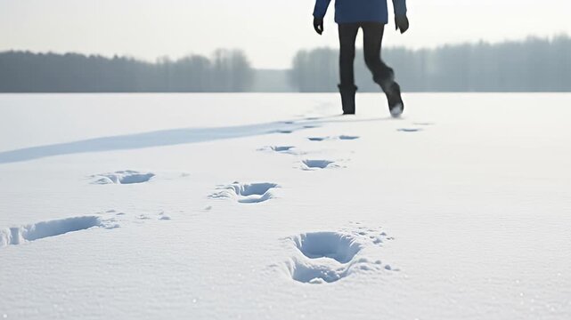 Footprints on Frozen Lake - Winter Adventure in Snowy Landscape.