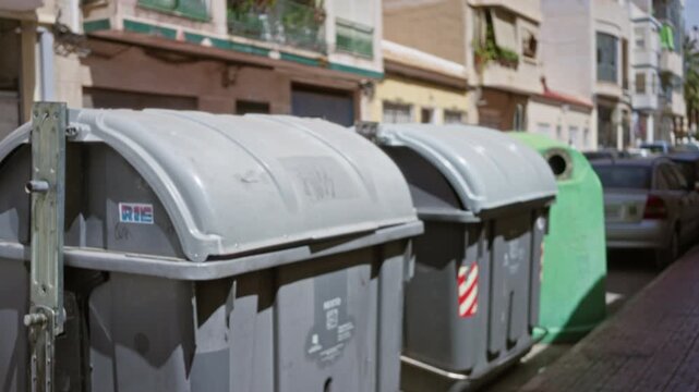 Blurred street scene with rows of grey garbage containers and a green recycling bin, shallow bokeh focus and defocused; background backplate copyspace overlay.