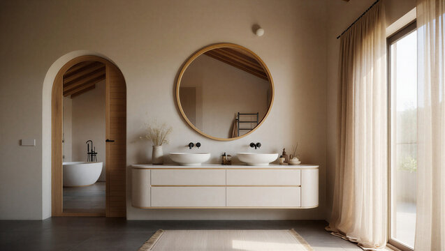 Modern bathroom interior with double sink vanity and mirror