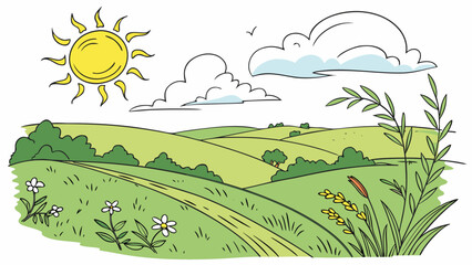 Bright Summer Sun Over Green Meadow Vector Landscape