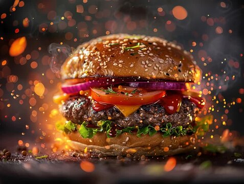 Gourmet burger on textured tabletop, highlighted by warm lighting with bright sparks and particles Brown beef patty, melted cheese, tomato slices, lettuce leaves, herbs, and contrastin - AI-Generated