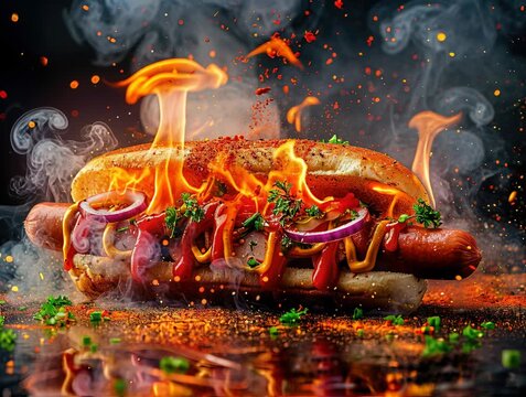 A dramatic slow motion shot of a hot dog on a bun, with vibrant red ketchup and chopped onions The image is framed by orange flames casting sharp shadows, creating an intense atmospher - AI-Generated