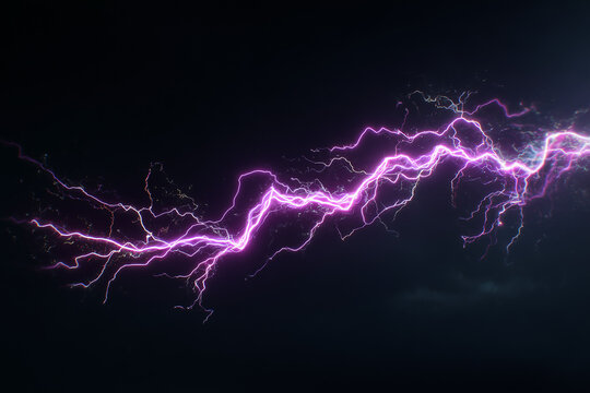 Foudre violet sur fond noir, impact et choc, fantaisie et catastrophe naturelle