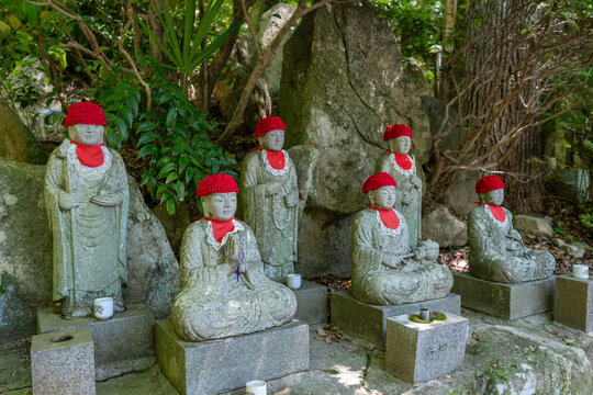 Jizo Bosatsu stone statues at Mitaki-Dera temple in Hiroshima, Japan