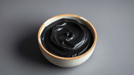 cosmopolitanism. Ceramic bowl with black cosmetic mask on gray background, beauty product close-up. lifestyle magazines.