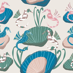 Nautical patterns.Sea Horse.Colorful fur seals and shells. Seamless pattern for textile,fabric,wrapping paper.Abstract marine PATTERN. © Vynnyk