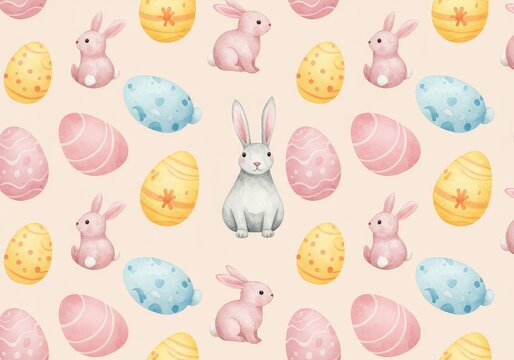 A sweet spring background featuring many watercolor bunnies and colorful decorated eggs scattered across a soft pastel surface, perfect for seasonal designs ,seasonal ,graphic ,multiple