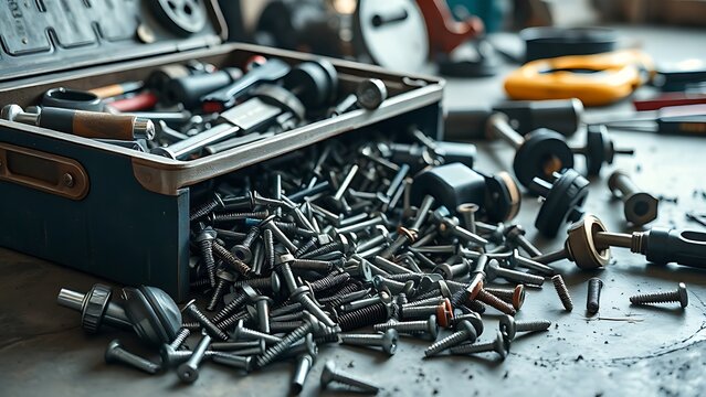 toolbox. Spilled toolbox with scattered screws and damaged mechanical parts on workshop floor, chaotic arrangement. safety posters.