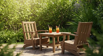 A tranquil outdoor setting perfect for enjoying drinks, featuring rustic wooden furniture and lush green foliage under soft sunlight ,wooden furniture ,beverage ,wine garden
