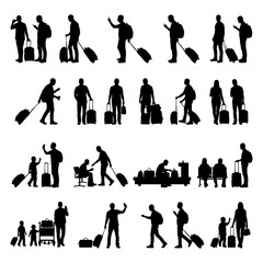 Fototapeta premium Collection of traveler silhouettes showing airport movement, waiting areas, walking passengers, and family travel situations. Perfect for tourism design, airport navigation graphics, transport infogra