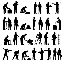 Fototapeta premium Comprehensive builder silhouettes showing teamwork, material handling, installation, and various stages of construction workflow. Suitable for engineering documentation, construction infographics
