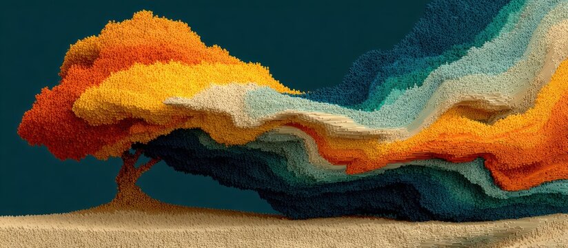 A colorful, textured tree in a field, with flowing, layered foliage