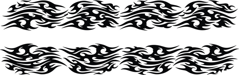 Fototapeta premium Vector illustration of tribal flame designs in black stylized line art symbolizing fire, energy, motion, tattoo, and decorative design