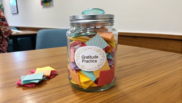 Colorful Gratitude Jar Filled with Notes for Daily Reflection Practice