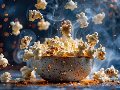 A dynamic close-up of popcorn popping in a white bowl, with intense kernels exploding and flying off, contrasted against a dark background The scene is lit naturally, casting soft shad - AI-Generated