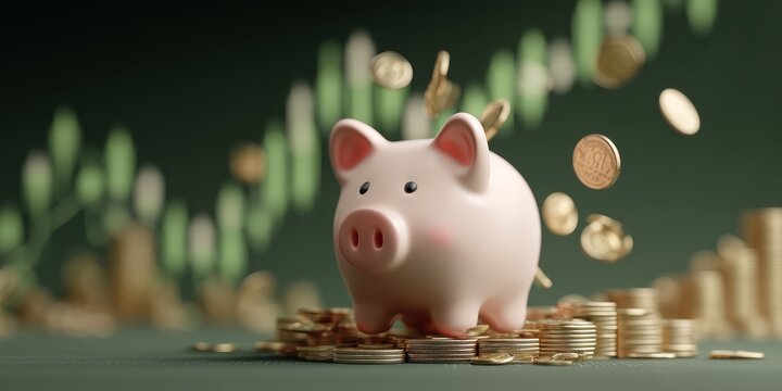 Pink piggy bank and Bitcoin coin with market chart, symbolizing crypto savings, smart investing and digital financial growth.