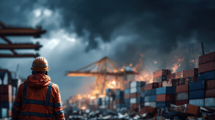 Disaster logistics worker crisis response burning shipping container supply chain disruption port fire emergency management industrial accident