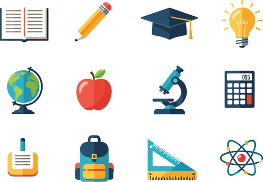Assorted flat design educational icons feature academic tools like a globe, book, and graduation cap against white.