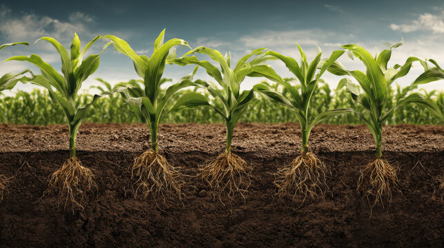 Corn plant root crop field growth healthy agriculture concept food supply stability