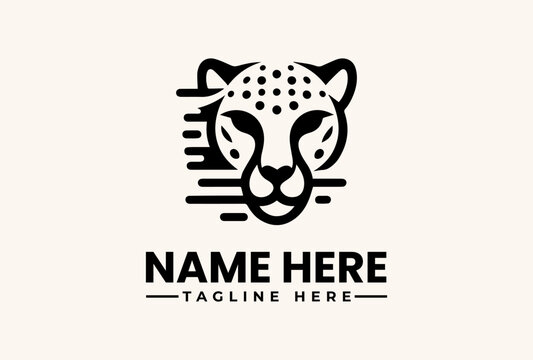 A stylized illustration of a cheetah's face with a modern logo design and text placeholder on a clean white background.