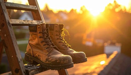 Sunset Over Dirty Work Boots on Ladder with Warm Golden Glow