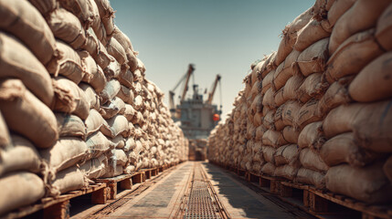 Humanitarian supply chain corridor relief cargo aid shipment burlap sack port warehouse crisis response food security global logistics pathway