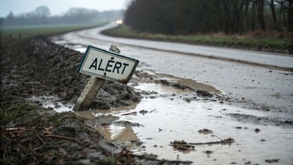 Weather Alert Sign Leaning by a Muddy Road During Rainy Conditions