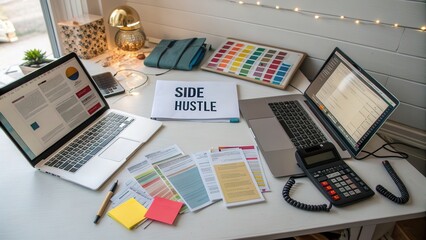 Workspace Setup for Side Hustle with Computers and Notebooks