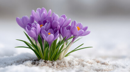 Purple crocus flowers emerging through snow in early spring