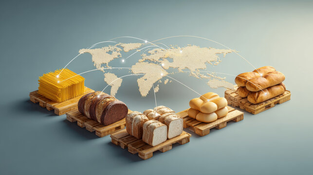 Global bread supply chain concept pasta bread loaf bun baguette bakery global supply chain food carbohydrate wheat grain pallet map world