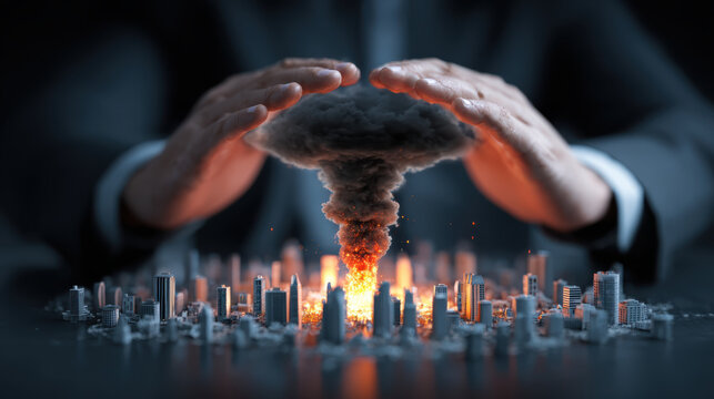 Crisis planning concept nuclear explosion mushroom cloud disaster management city destruction apocalypse risk protection catastrophic fire crisis