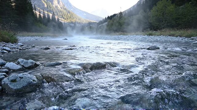 Crystal Clear River Flowing Through a Misty Mountain Landscape