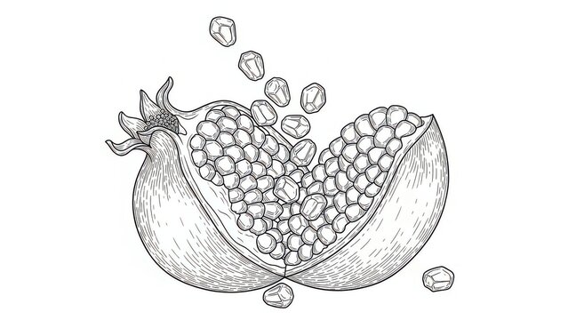 Pomegranate cut open, showing seeds falling out, black and white sketch