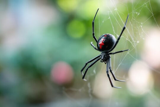 Shiny black widow spider lurking on web