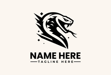 Obraz premium A black and white illustration of a snake's head with a bold, modern design, featuring the text 'NAME HERE' and 'TAGLINE HERE' on a clean, beige background.